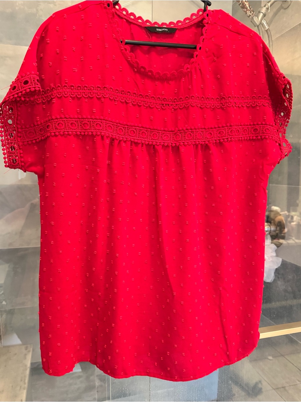 Red Eyelet Trim Short Sleeve Top with back button detail